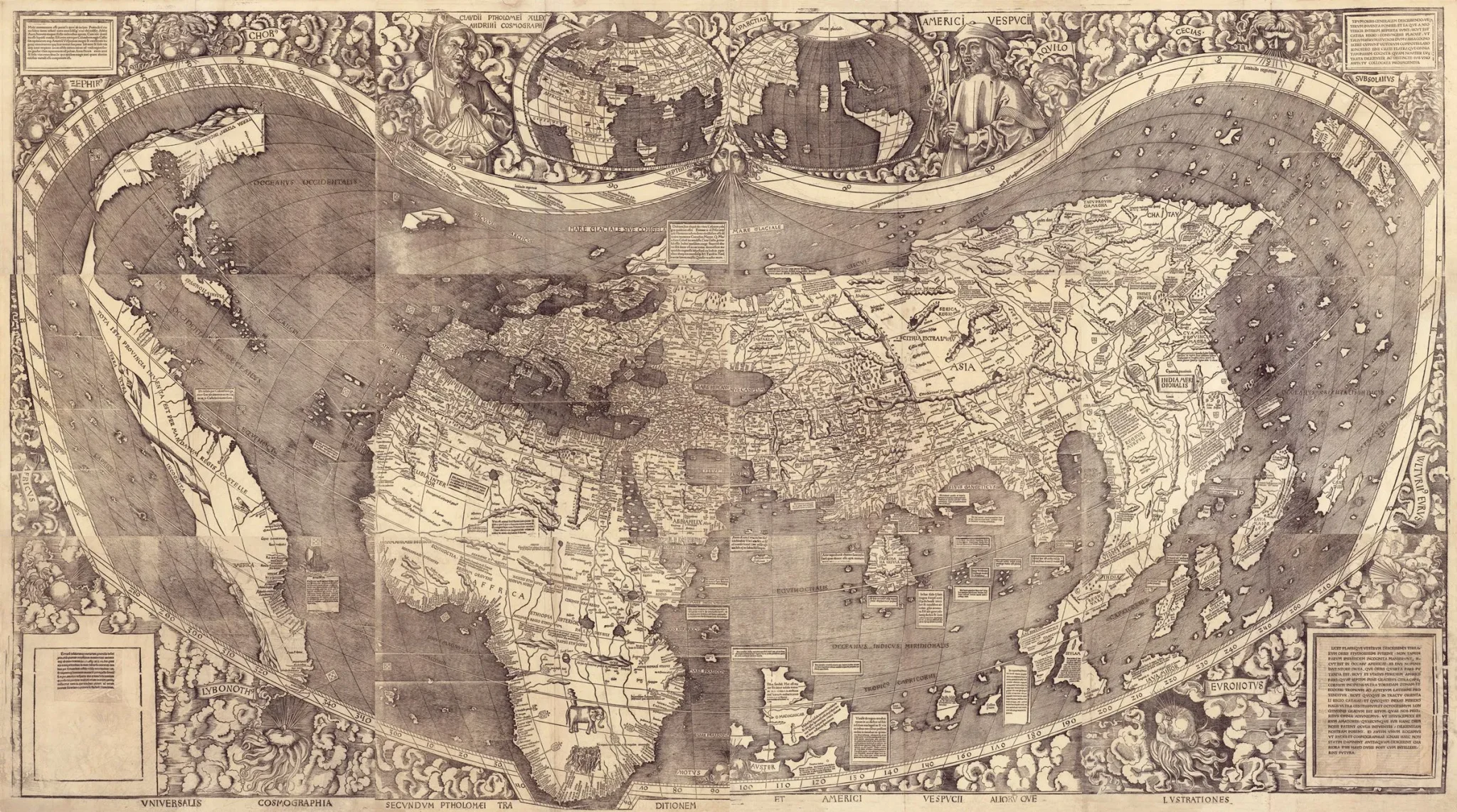 خريطة قديمة للعالم من عام 1507 تظهر أمريكا الشمالية والجنوبية باسم "America" نسبة للمستكشف Amerigo Vespucci، تعكس أصل تسمية القارة.