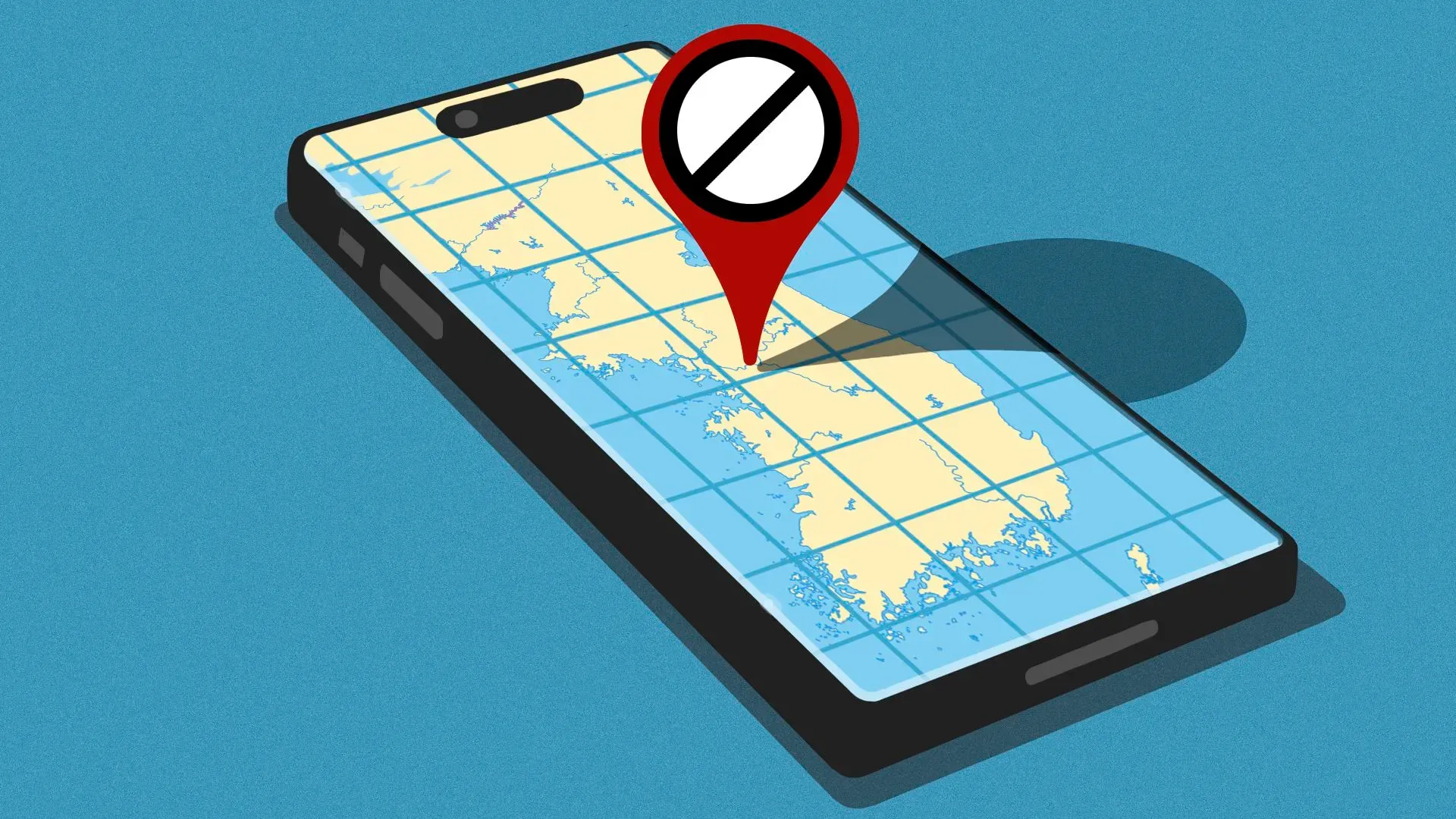 تطبيق خرائط على هاتف ذكي يعرض خريطة لكوريا الجنوبية مع رمز يمثل عدم توفر الخدمة، مما يبرز تحديات الملاحة للزوار.