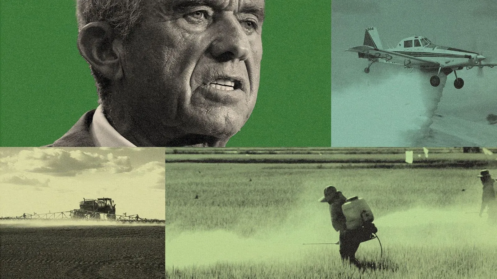 صورة مركبة تتضمن وجه روبرت كينيدي جونيور، طائرة رش، ومزارع يستخدم مبيدًا حشريًا، تعكس قضايا المبيدات الحشرية وتأثيرها على الزراعة والصحة العامة.