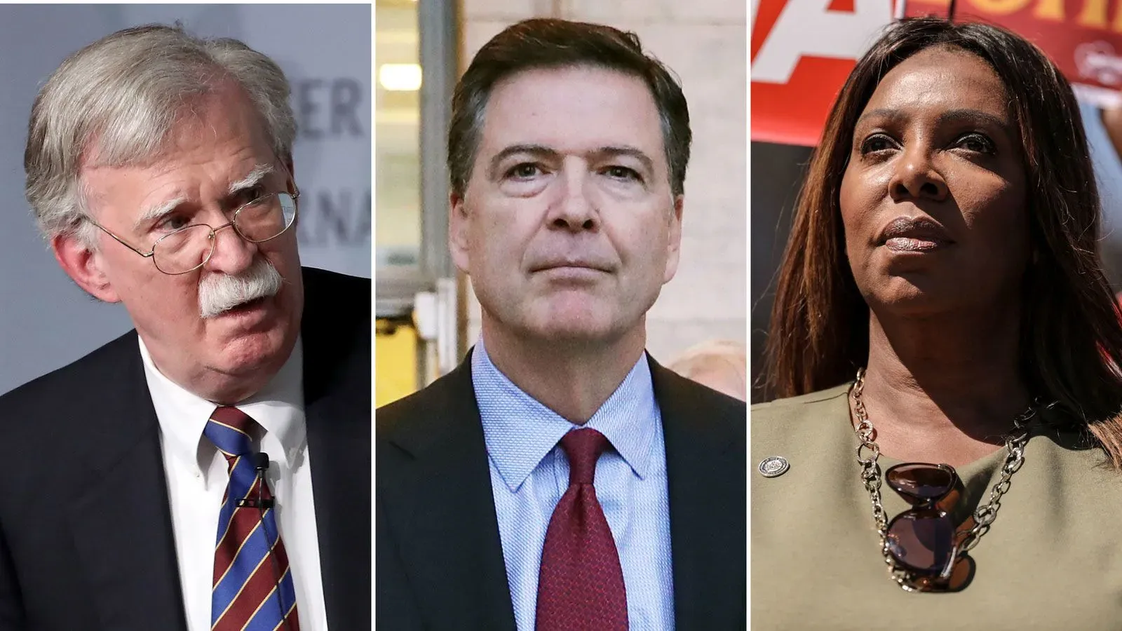 جون بولتون، جيمس كومي، وليتيشيا جيمس، يمثلون في الصورة، في سياق اتهامات ضدهم من وزارة العدل في عهد ترامب.