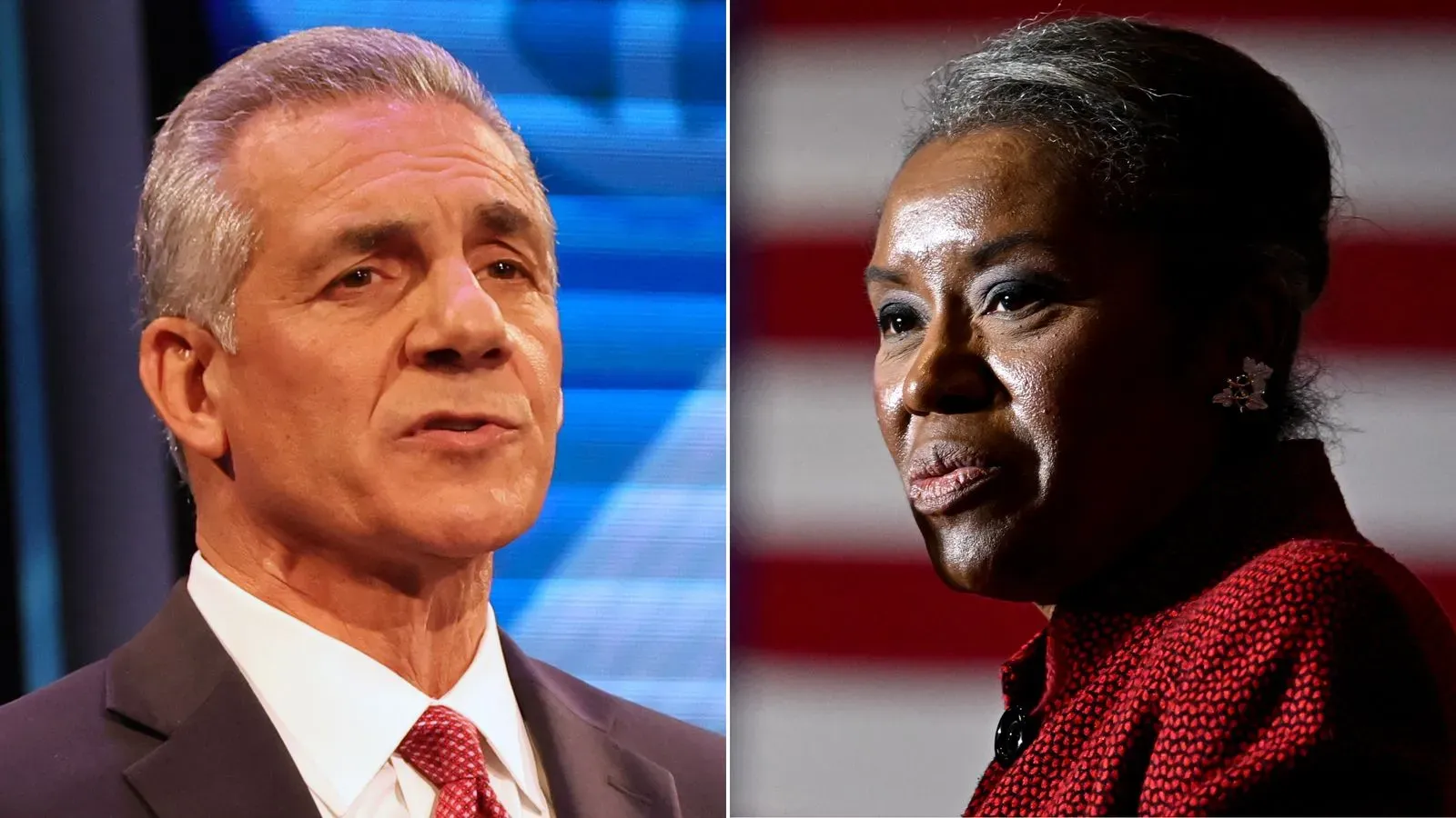 صورة تظهر مرشحين سياسيين يتحدثان، حيث يركز الضوء على تأثير ترامب على الانتخابات الأمريكية.