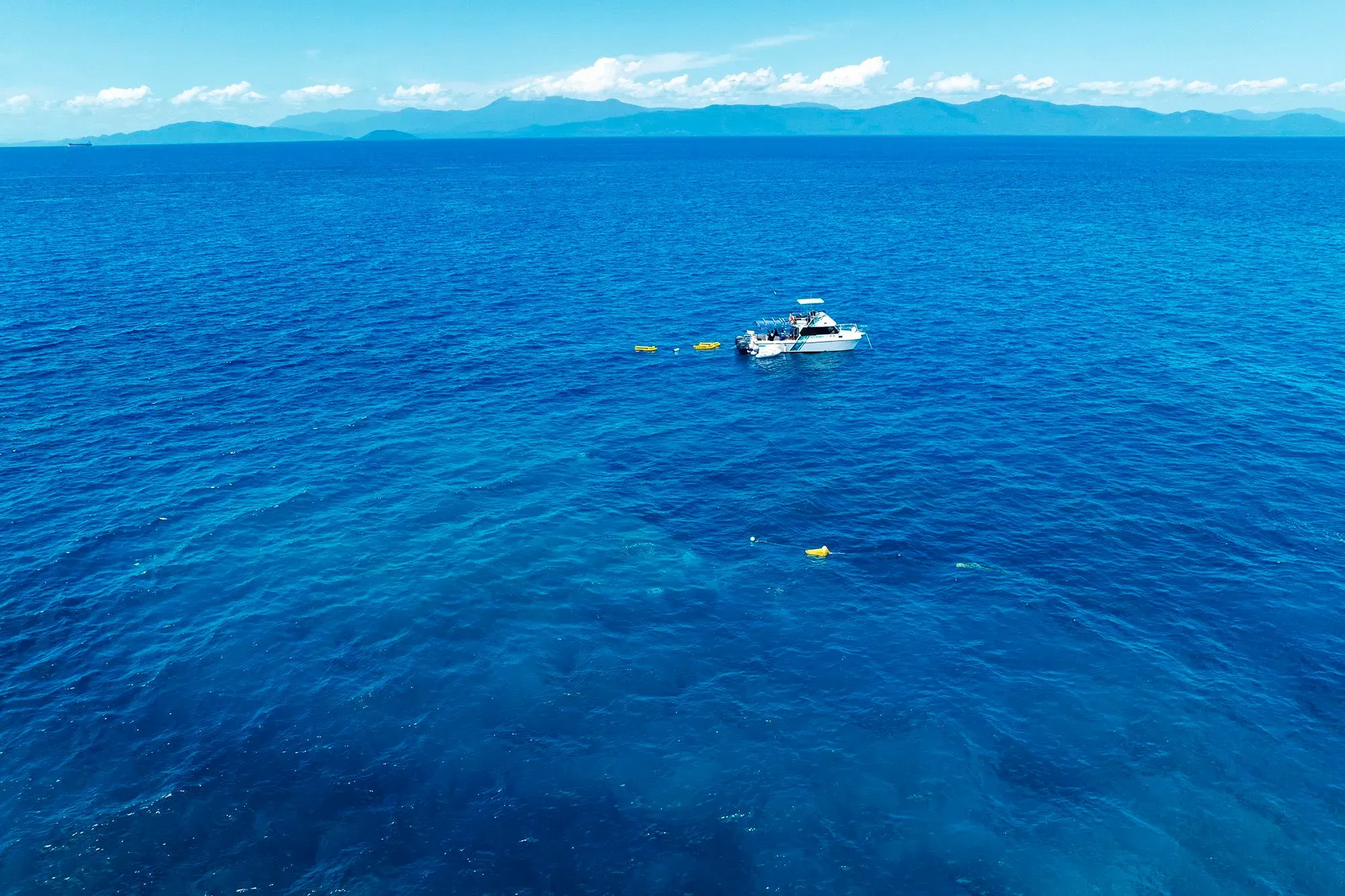 قارب يبحر في المياه الزرقاء العميقة للحاجز المرجاني العظيم، حيث تم اكتشاف أكبر مستعمرة مرجانية معروفة في العالم.