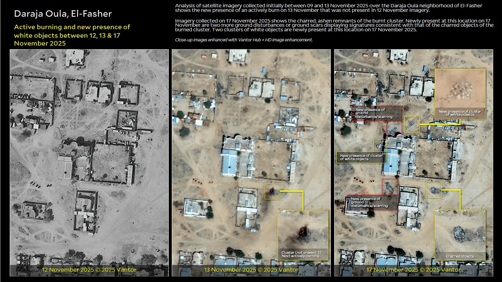 صورة توضح التغيرات في حي دراج الأولى بالفاشر بين 12 و17 نوفمبر 2025، مع وجود آثار حرق وأجسام جديدة تشير إلى عمليات التدمير.