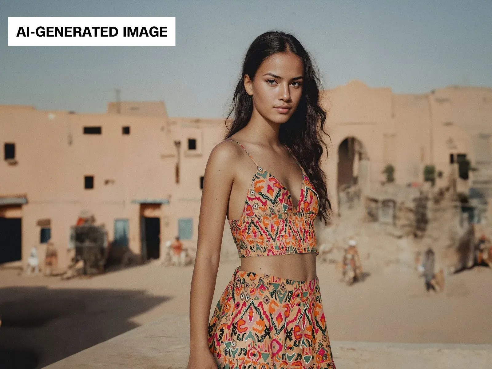 عارضة أزياء افتراضية ترتدي فستانًا مزخرفًا وتبتسم، مع خلفية منازل تقليدية. الصورة جزء من حملة إعلانات غيس الحديثة.