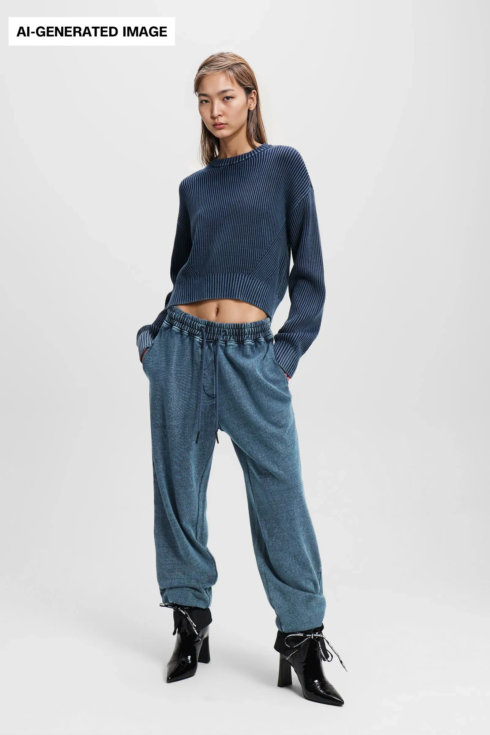 عارضة أزياء افتراضية ترتدي سترة زرقاء وبنطلون واسع، تعرض مجموعة ملابس من علامة Guess، مع إشارة إلى استخدامها الذكاء الاصطناعي.