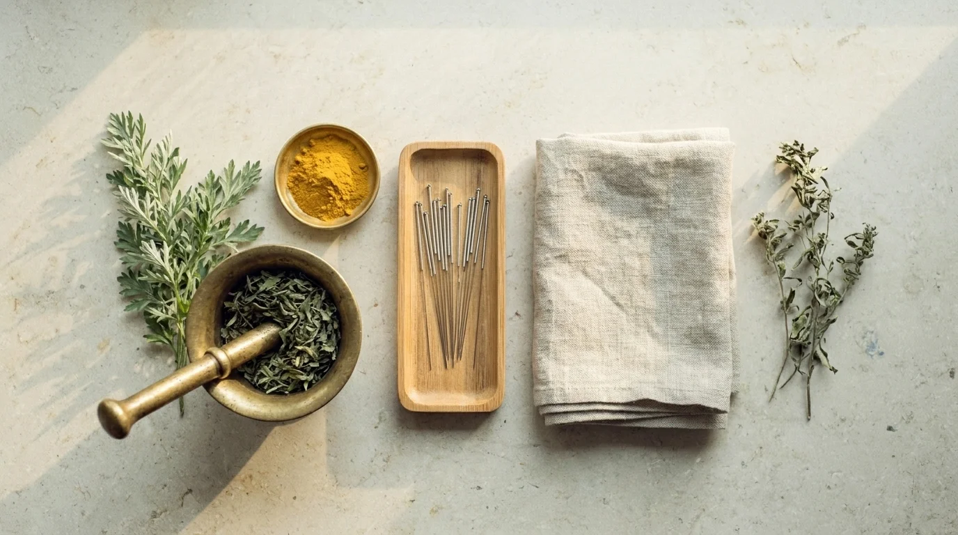 Acupuncture needles, brass mortar, turmeric and linen arranged in groups, tools of distinct traditional medicine systems
