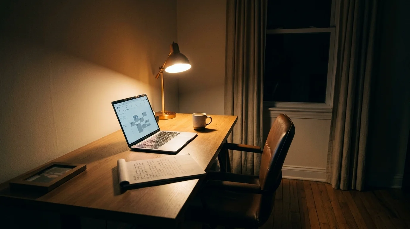 After-hours home-office desk with amber lamp, open laptop showing calendar, notepad, and half-finished cold coffee