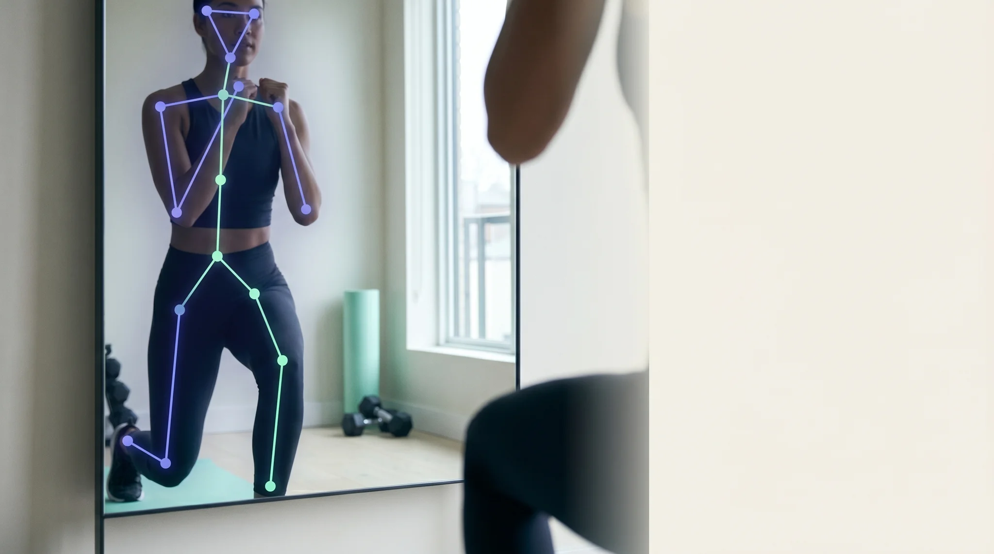 Smart gym screen showing a real-time AI form-tracking overlay with skeletal points on a user mid-exercise