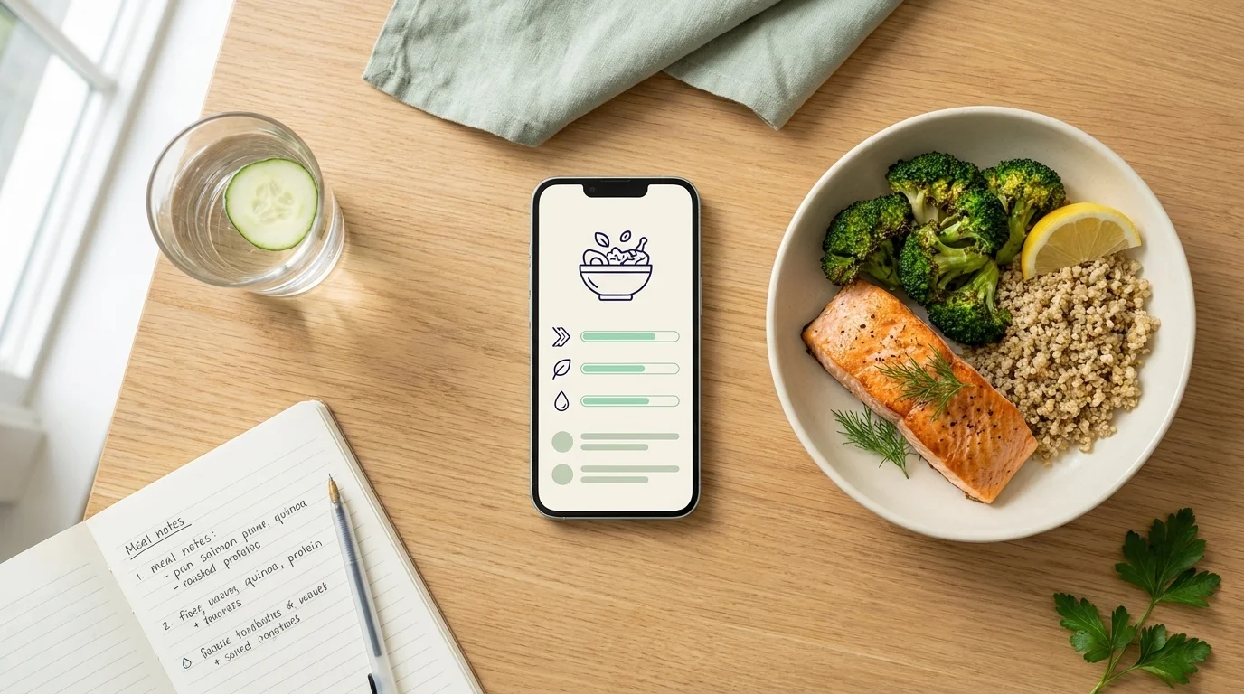 Overhead of an AI nutrition app phone interface beside a salmon and broccoli bowl, water glass, and notebook on light wood