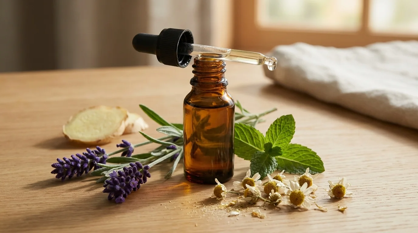 Macro of an amber essential oil bottle with a pipette dropper, lavender sprig, dried chamomile, peppermint, and ginger slice