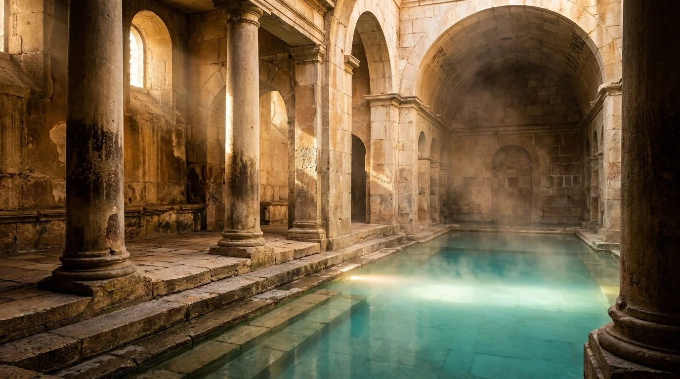 Warm steam rising over a stone Roman thermal bath with turquoise water and weathered columns, in soft directional light