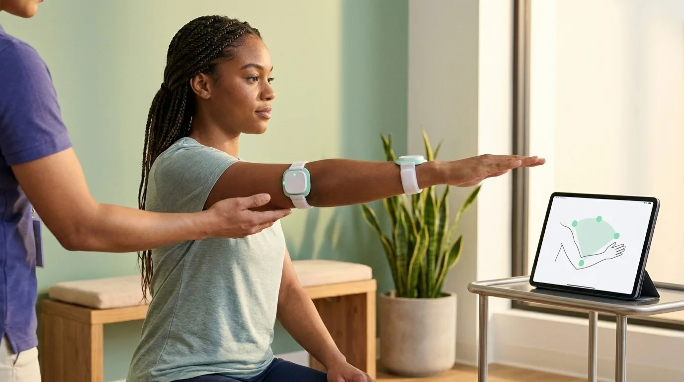 Patient performing arm extension with wireless motion sensors on the forearm and bicep, tablet showing real-time range data