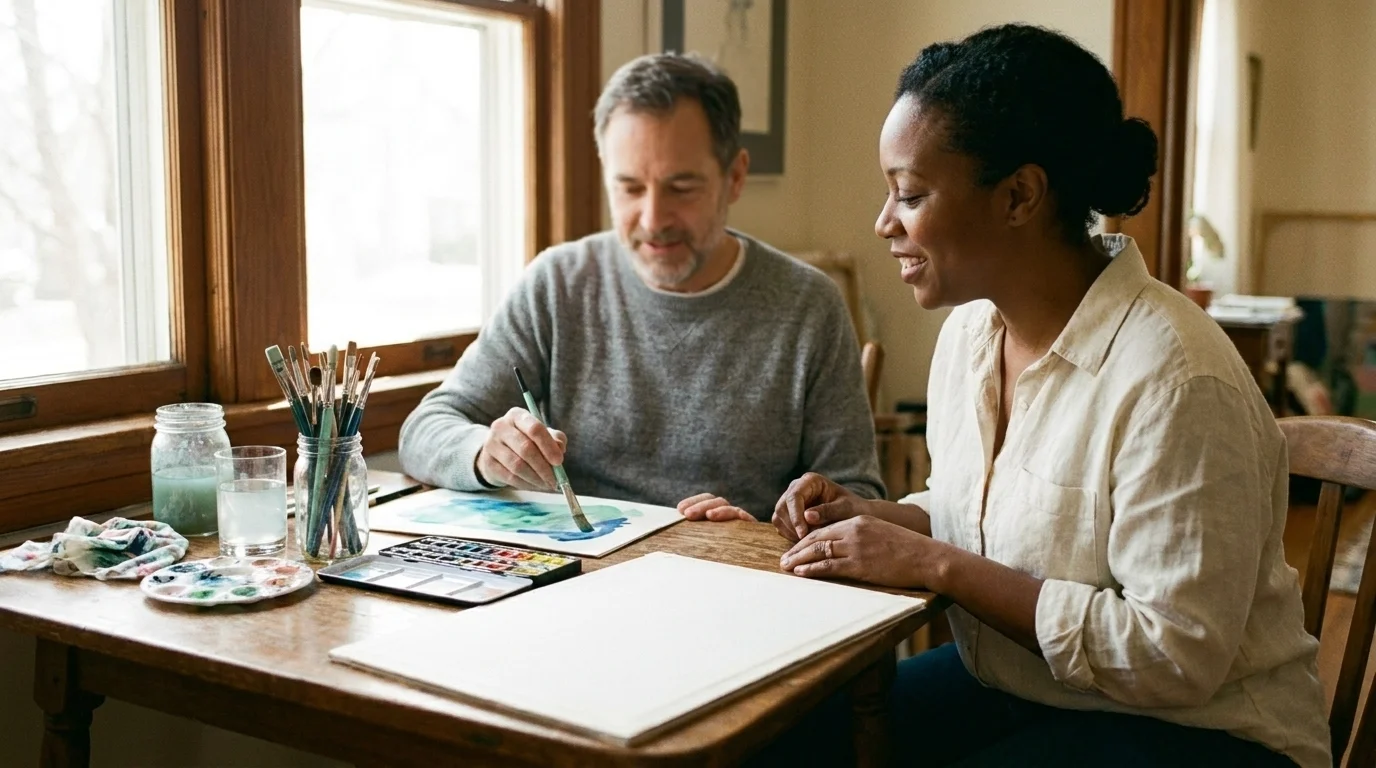 Art therapist and client at a studio table spread with paints during a calm art therapy session