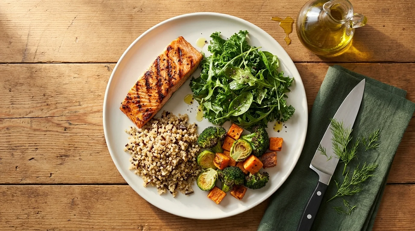Overhead view of a balanced plate — grilled salmon, mixed greens, whole grains, roasted veg — a real whole-foods diet