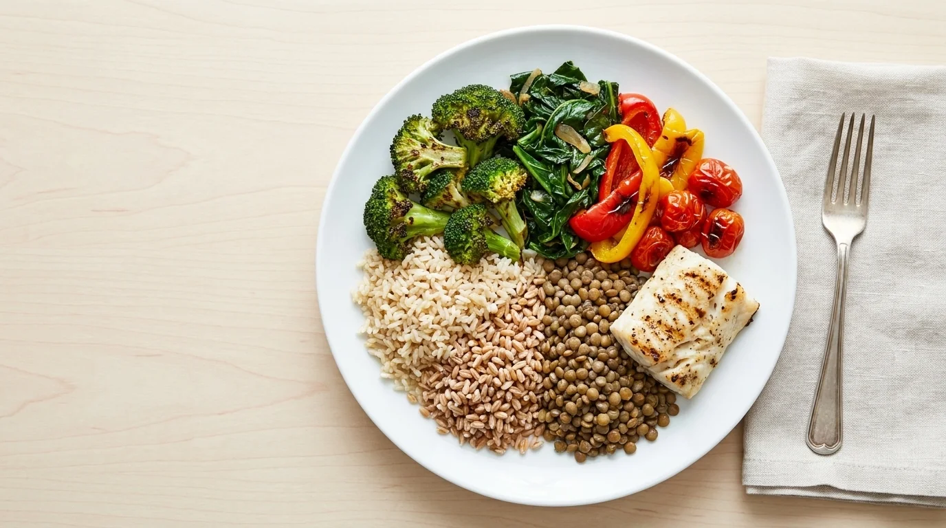Overhead balanced dinner plate, half vegetables, a quarter whole grains, a quarter lentils and grilled fish