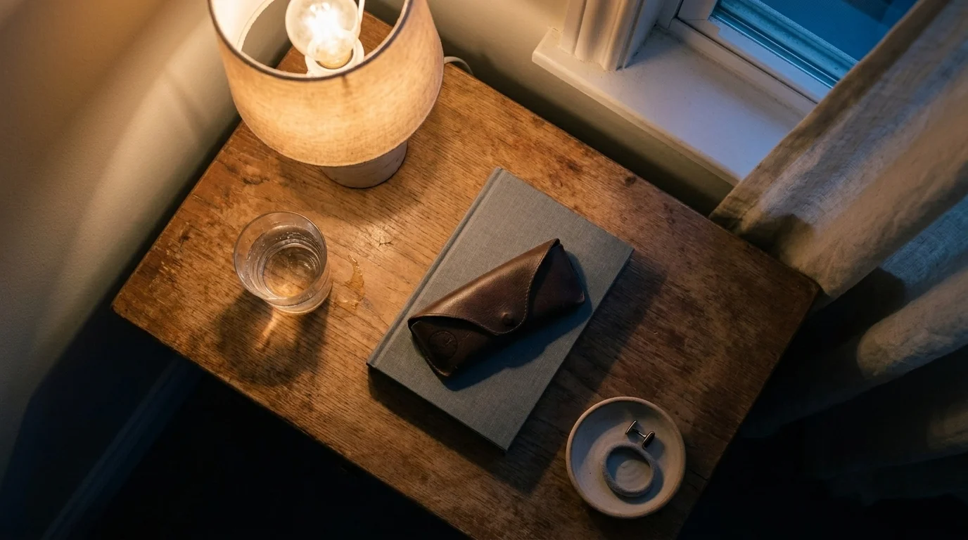 Overhead view of a bedside table at evening — lamp, paperback, water, glasses — a calm bedtime routine