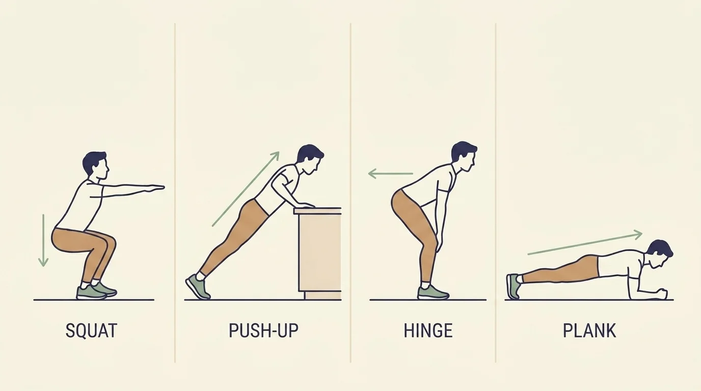 Four-panel editorial grid of everyday people demonstrating correct squat, hip hinge, push-up and plank form