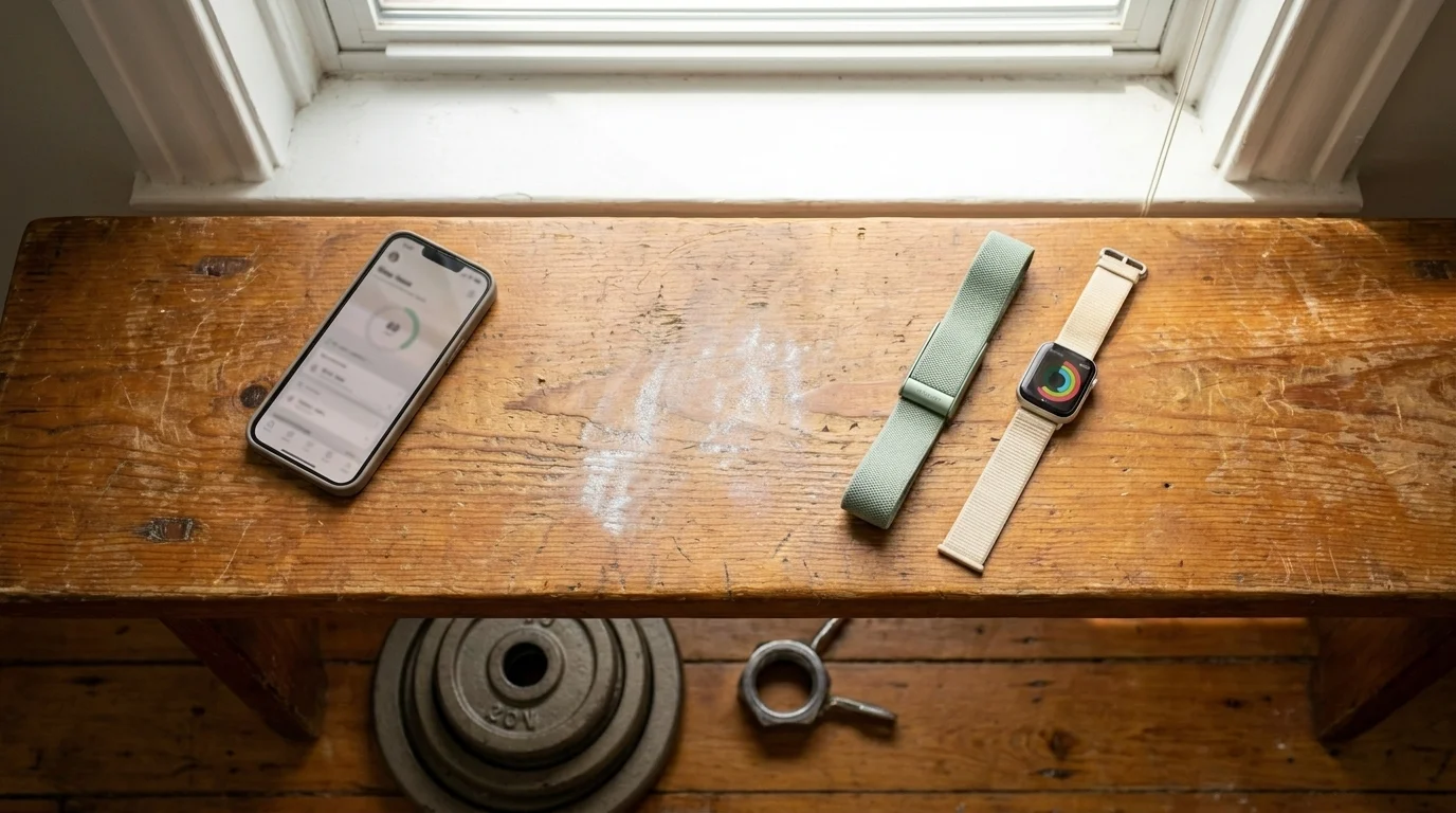 Smartphone fitness app beside a Whoop band and Apple Watch on a wood bench, barbell and weight plates in morning light