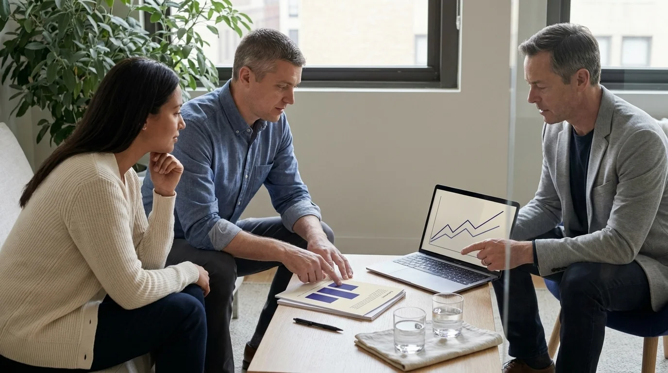 Three professionals reviewing a printed corporate wellness roi report and a laptop trendline at a conference table