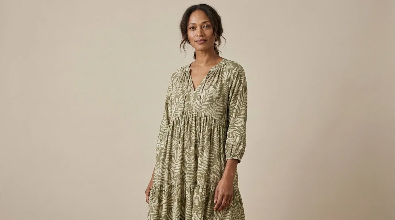 Person in a flowing botanical leaf-and-fern print dress against a plain neutral studio backdrop