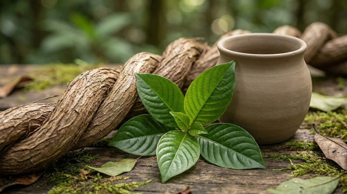 Fresh Banisteriopsis caapi vine and green chacruna leaves beside a clay vessel on a wooden surface