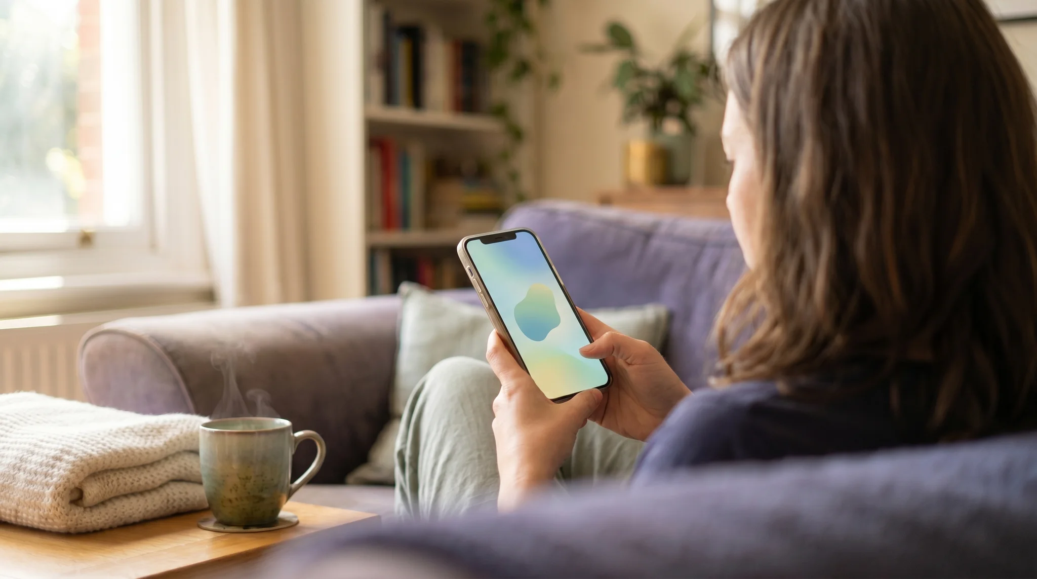 Person sitting calmly on a couch using a wellness app on a smartphone in soft warm home light