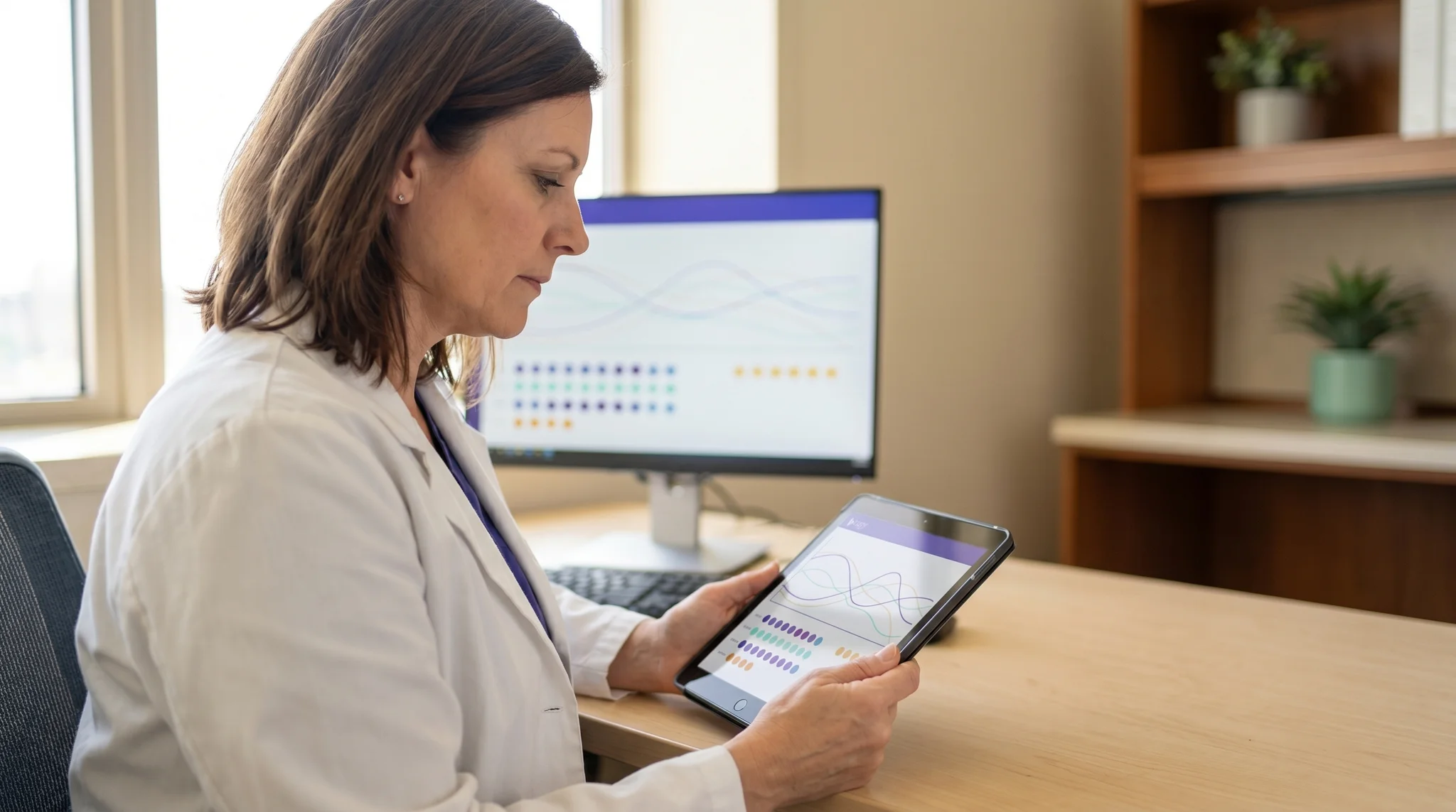 Clinician seated at a desk reviewing a patient's risk data on a tablet in a calm hospital office