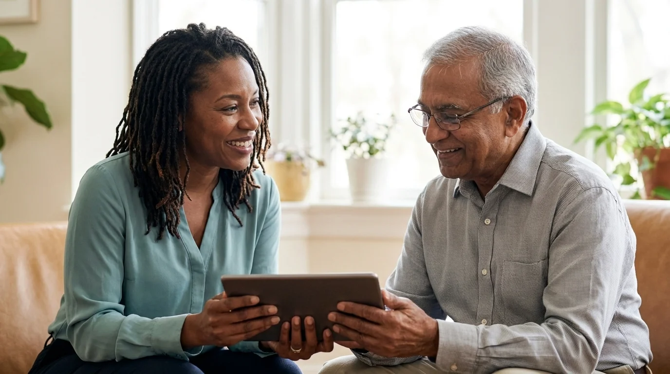 Clinician sitting at eye level beside an older patient, both looking at a tablet together in conversation