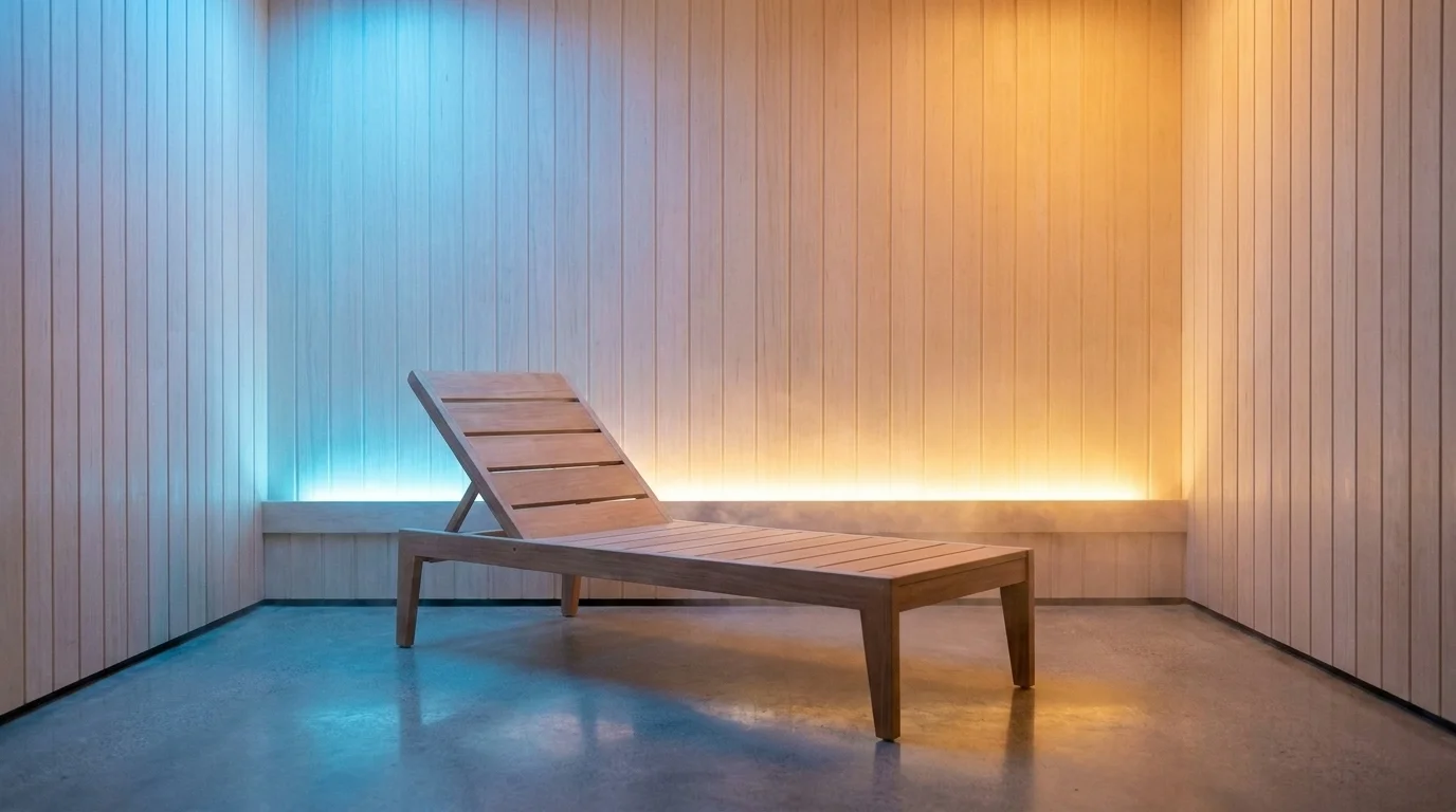Empty modern spa relaxation room with a wooden lounge chair under soft blue-to-amber colored LED light