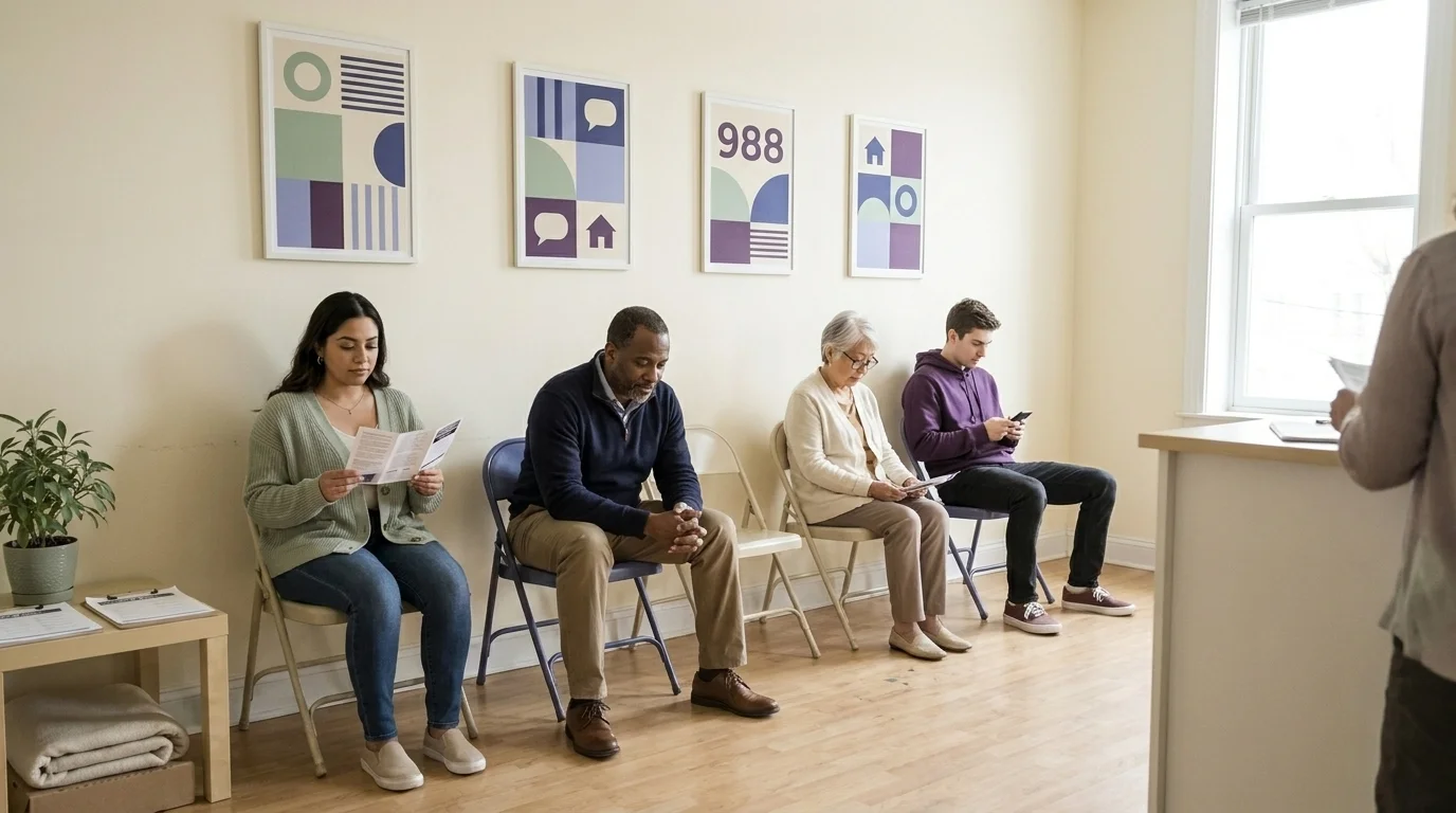 Community mental health center waiting area with people of varied ethnicity and multilingual posters for minority communities