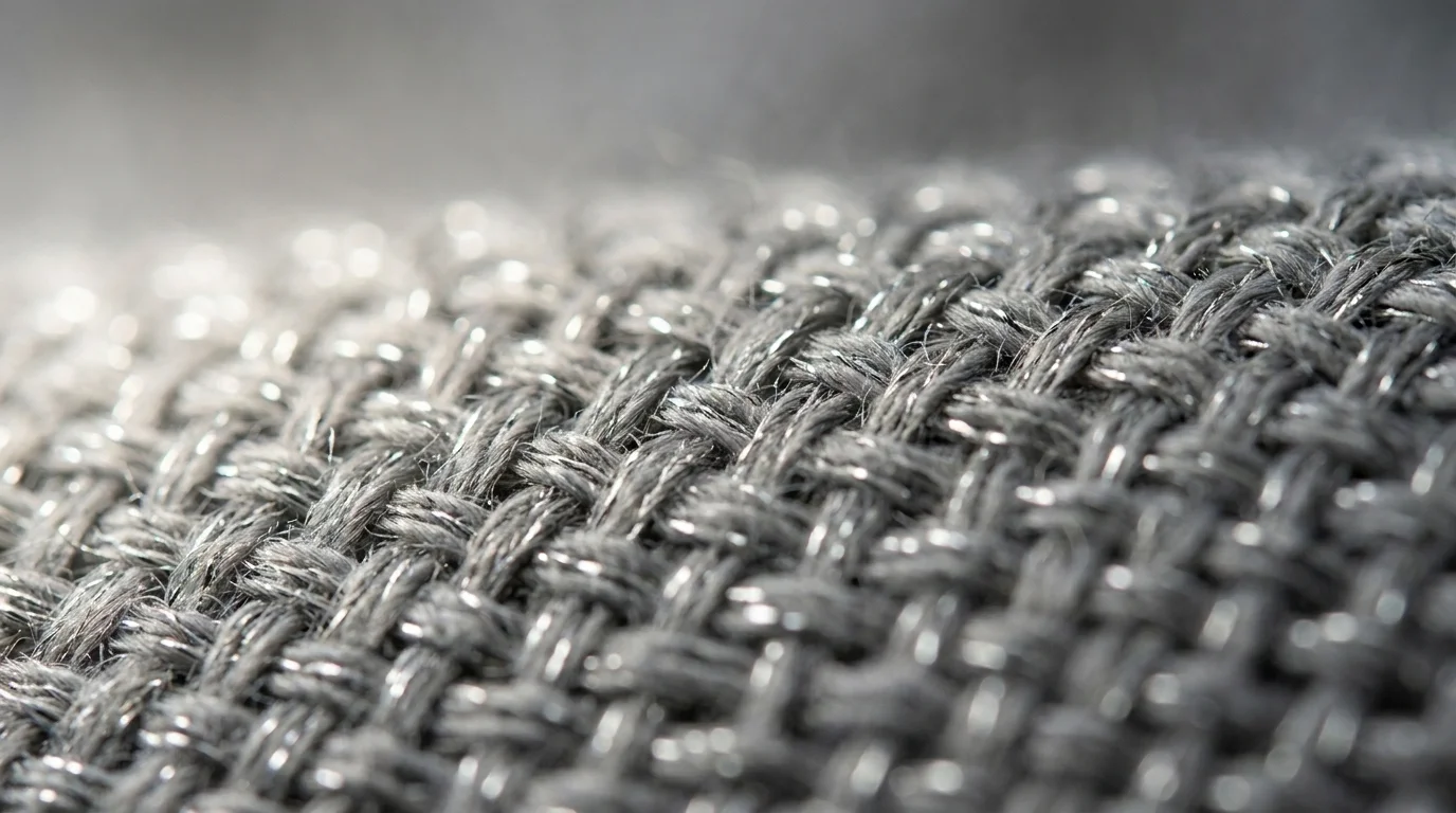 Macro close-up of a textile weave with fine conductive silver threads running through neutral grey fibres