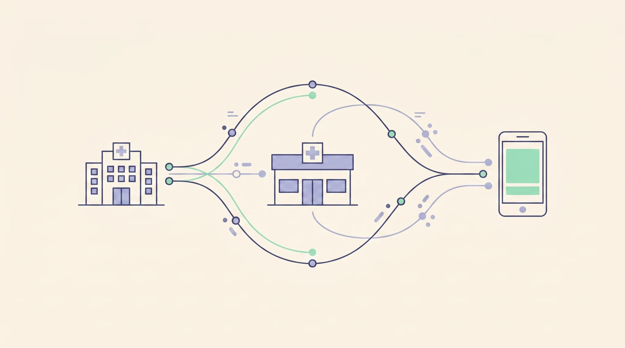 Editorial illustration of connected healthcare data networks linking hospital, clinic, and mobile icons