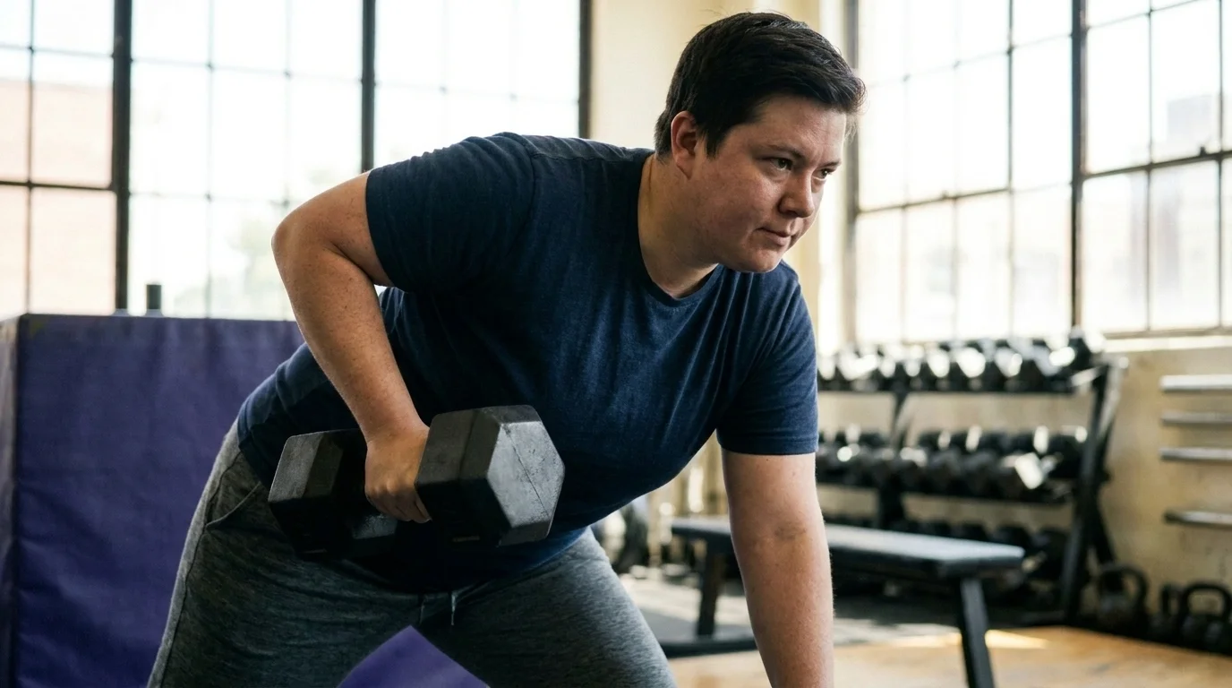 A person doing a controlled dumbbell strength exercise with clean form, focused and composed rather than grimacing, in a gym