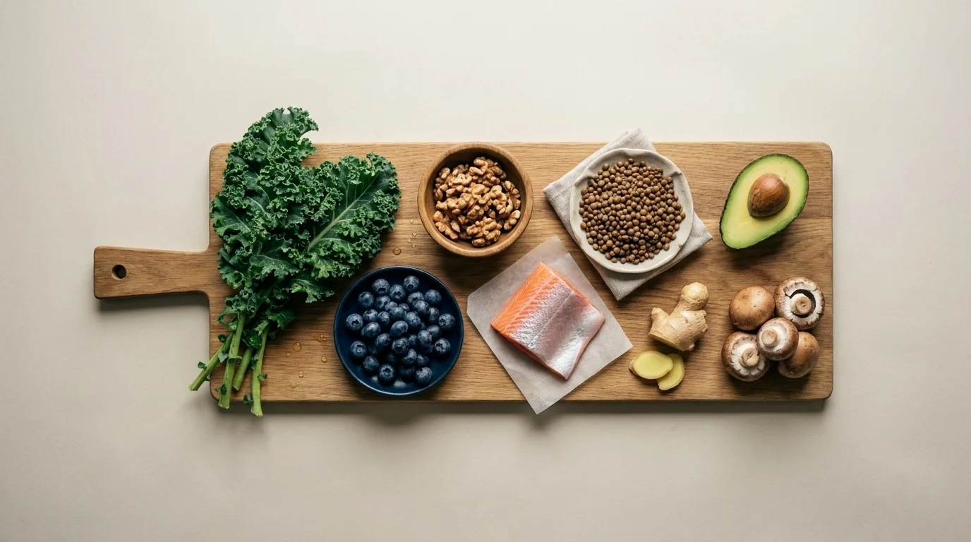 Wooden cutting board overhead with kale, blueberries, walnuts, salmon, lentils, avocado, ginger, and mushrooms