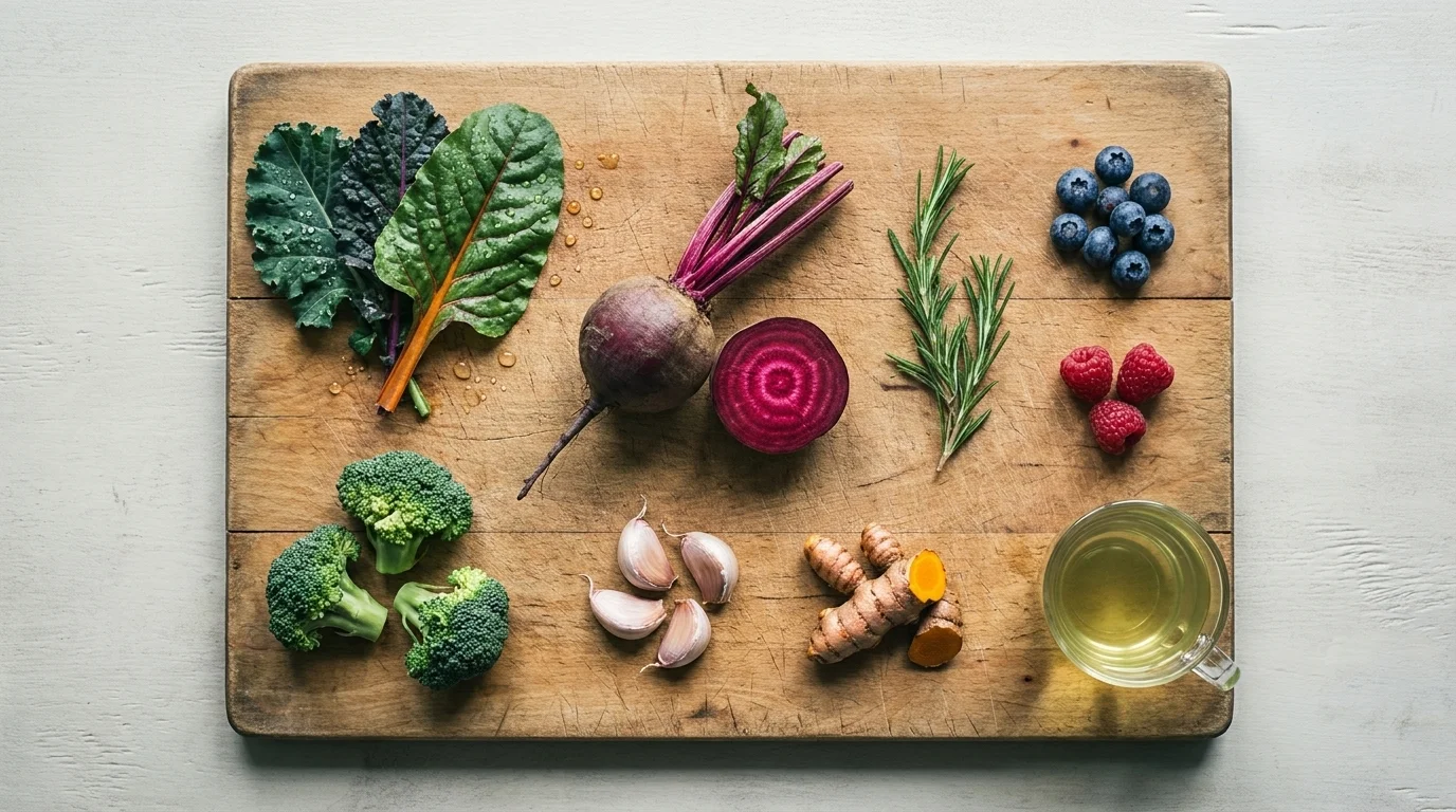 Overhead cutting board with leafy greens, broccoli, beet, garlic, fresh turmeric, rosemary, blueberries, and a small cup of green tea