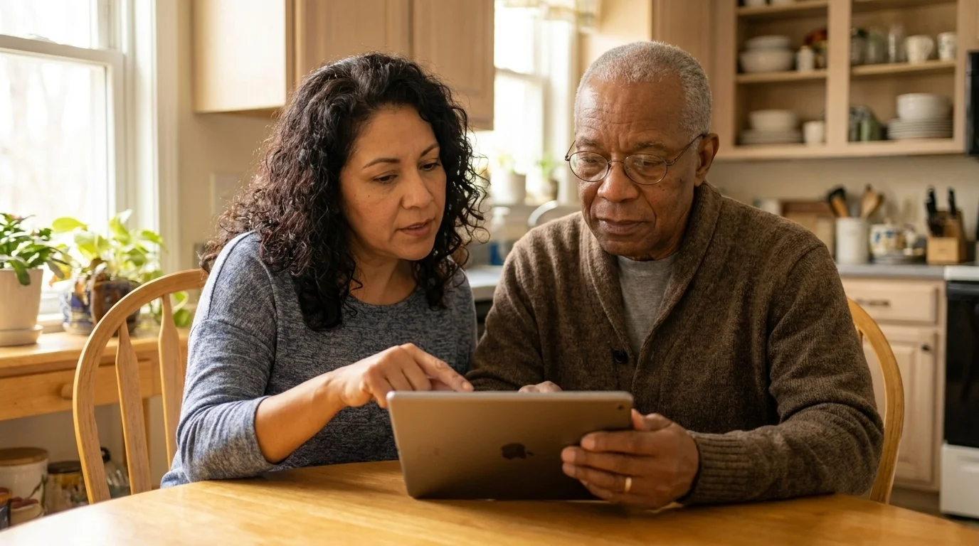 Middle-aged daughter helping her older father log into a telehealth app on a tablet at a home kitchen table
