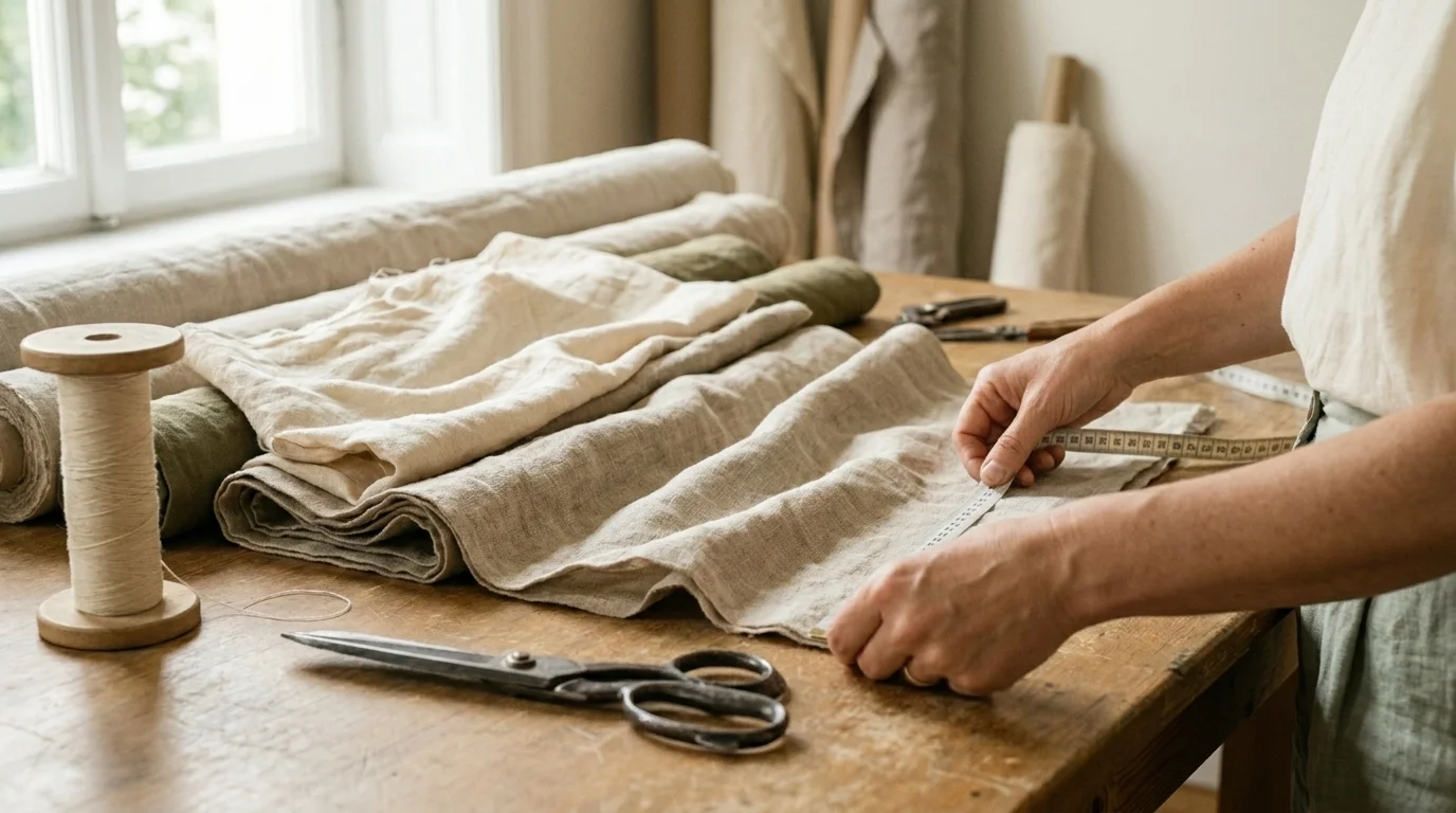 Designer's hands working slowly at a wooden cutting table with organic cotton and linen laid out