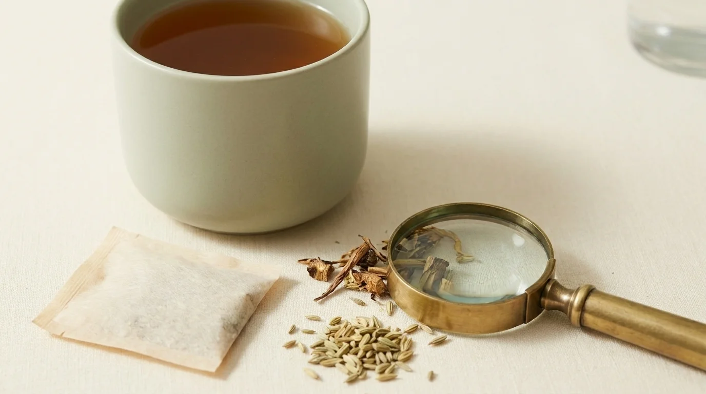 A cup of herbal detox tea with loose dried herbs and a small magnifying glass on a counter, suggesting close scrutiny