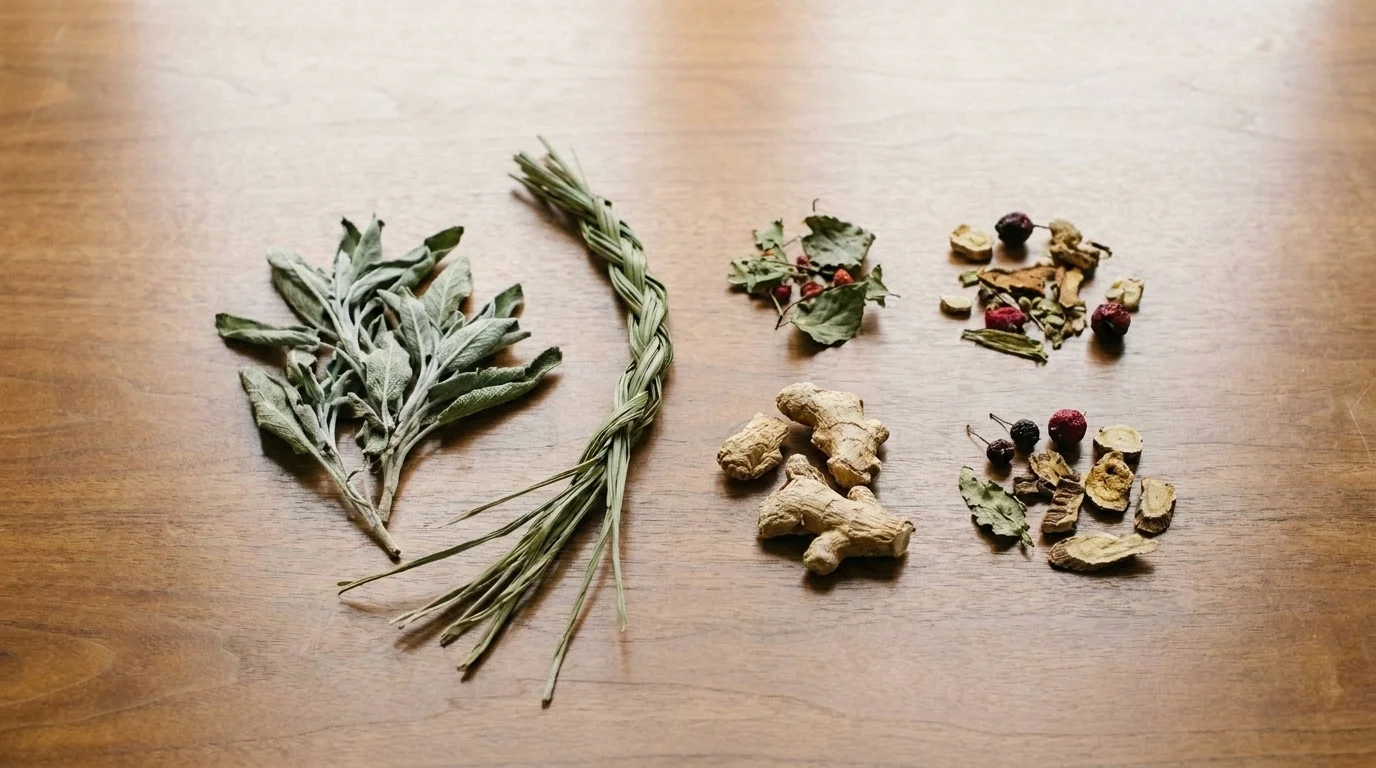 Loose dried medicinal botanicals — sage, sweetgrass, ginger root — laid out separately on a wooden surface