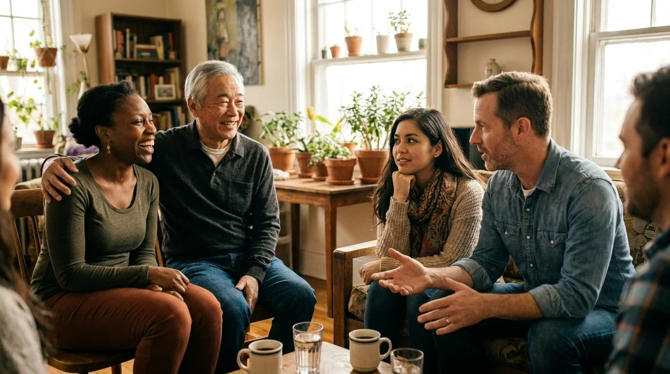 Small diverse group of adults in relaxed, genuine conversation in a sunlit community space
