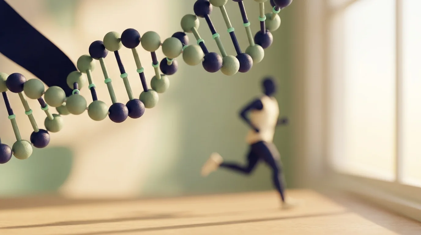 Macro of a DNA double-helix model in sharp focus with a runner silhouette softly blurred behind, sage and indigo palette