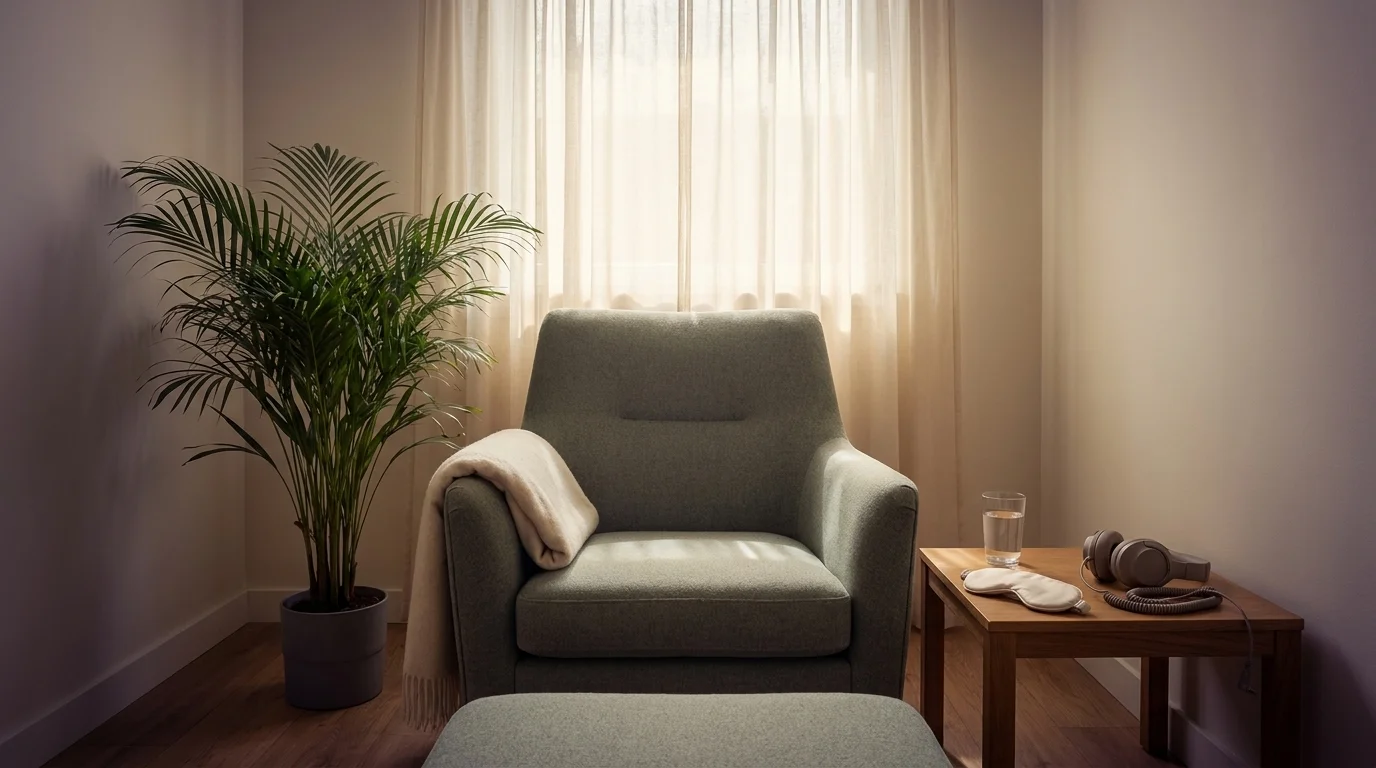 Dosing-room interior with a single armchair, soft eyeshades and headphones on a side table with a glass of water in window-light