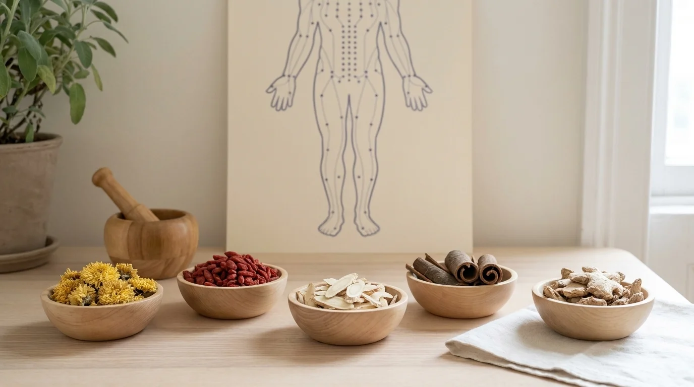 Dried Chinese medicinal herbs in wood bowls beside an acupuncture point chart in a traditional chinese medicine clinic