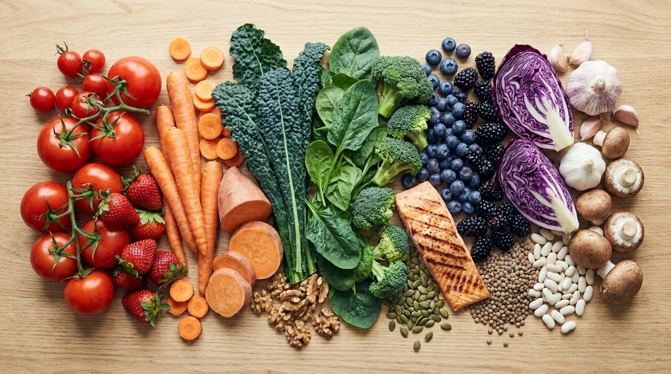 An overhead 'eat the rainbow' spread of whole foods grouped by color — red, orange, green, blue-purple, and white produce