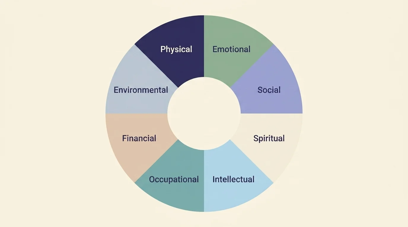 A clean circular wellness wheel divided into eight equal colored segments, representing the 8 dimensions of wellness