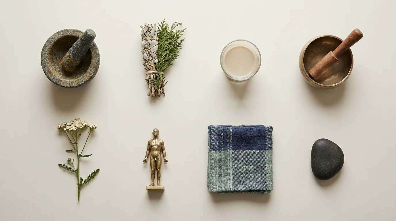 Overhead grid of eight objects from global healing traditions — mortar, herb bundle, singing bowl, woven cloth, stone