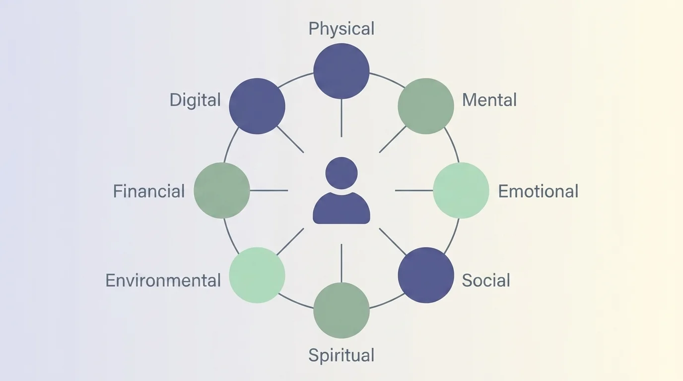 Diagram of the 8 pillars of holistic wellness as interconnected circles around a central figure, each a labelled dimension