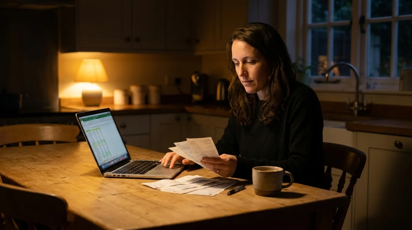 Person at a kitchen table in the evening with paper bills and a laptop, thoughtful and steady under soft lamplight