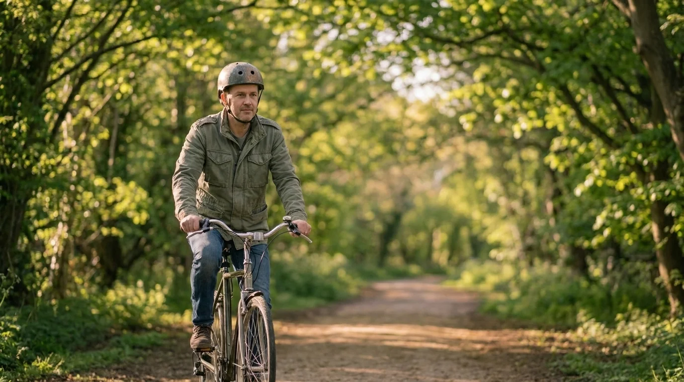 Everyday adult riding a bike at an easy pace along a dappled tree-lined path in soft morning light