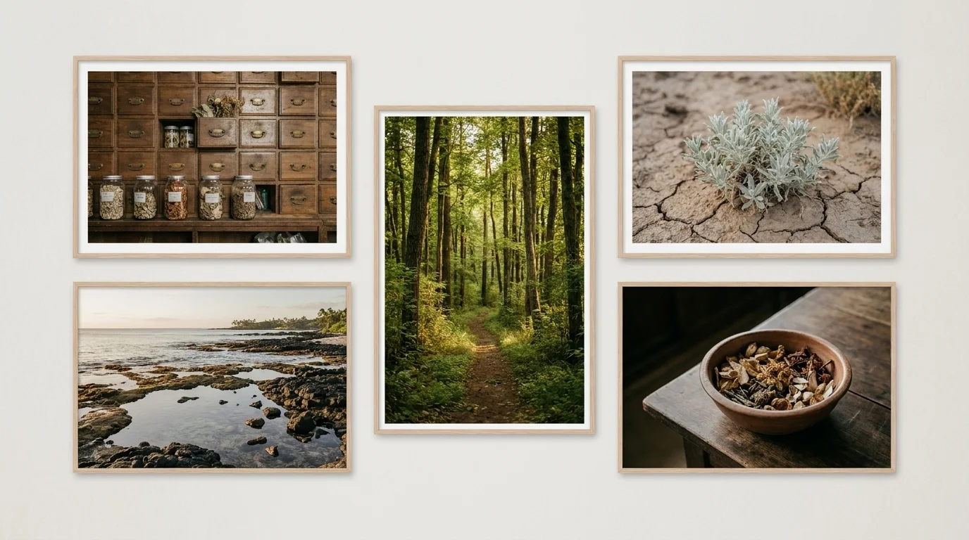 Five framed scenes of distinct healing traditions: an herbal pharmacy, forest path, desert sage, Hawaiian coast and clay bowl